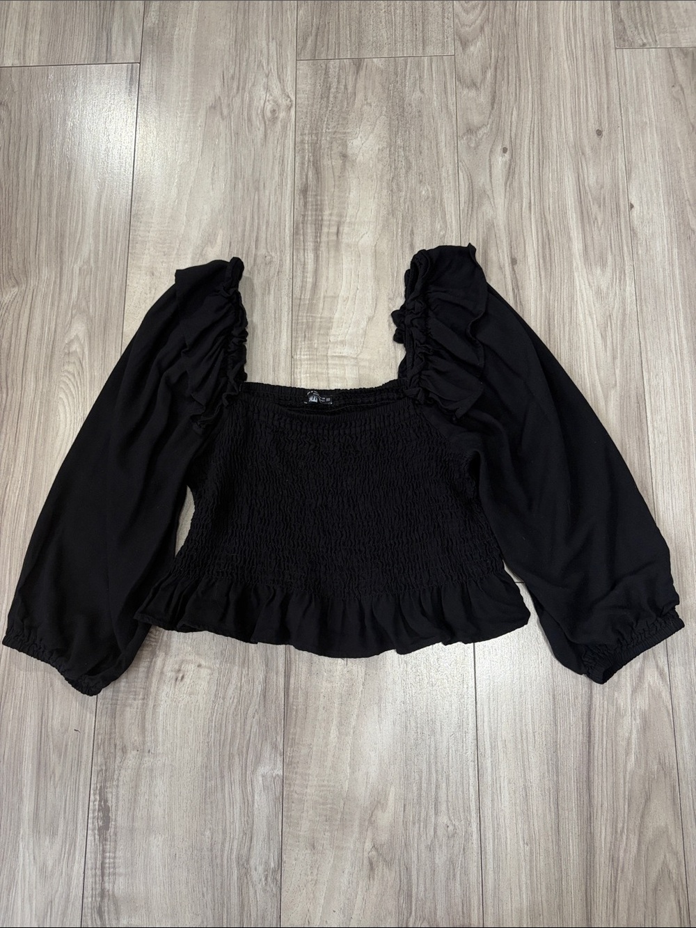 Zara Black Smocked Puff-Sleeve Crop Top